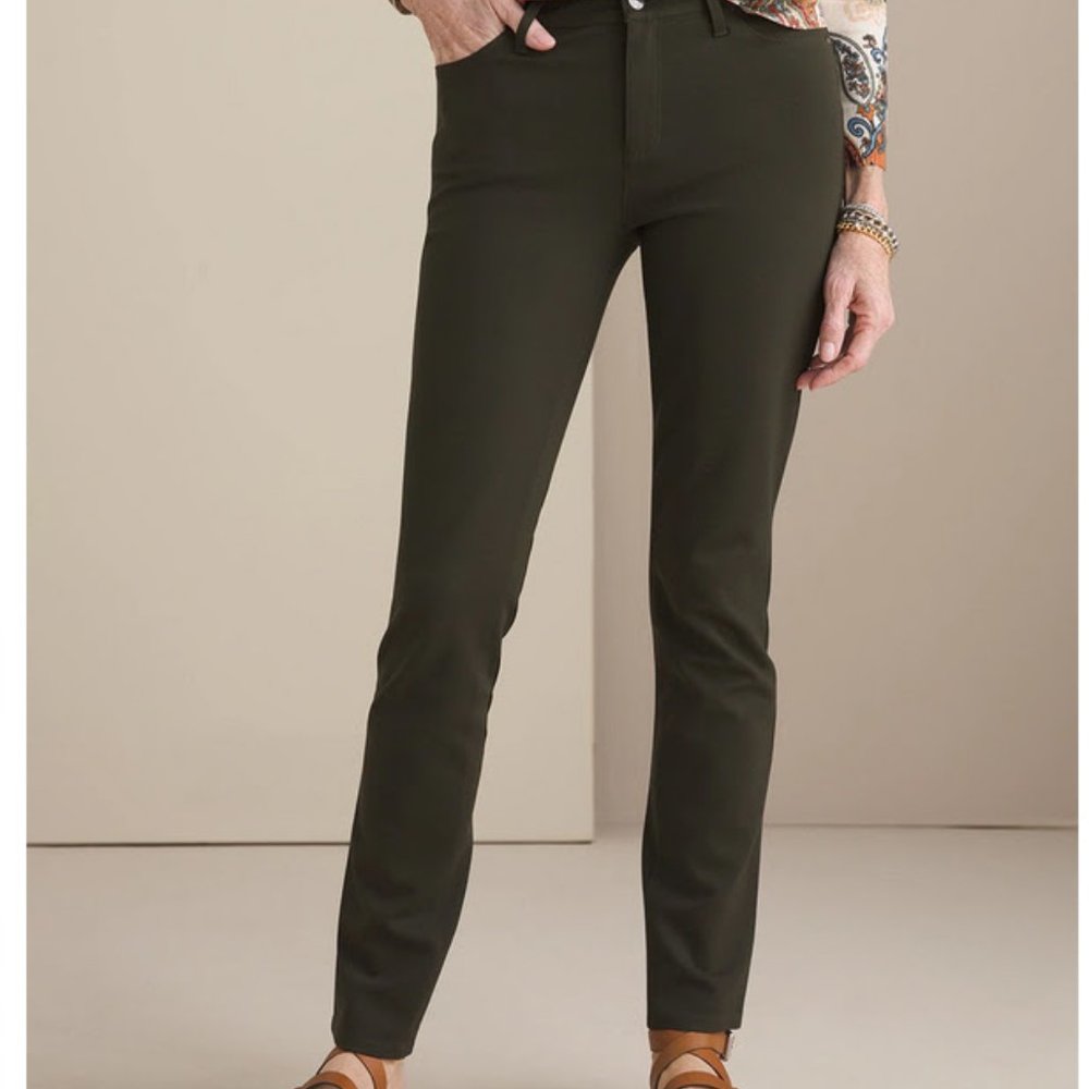 Chicos Darm Army Green Ponte 5 Pocket Slim Pants, Size 00 Petite